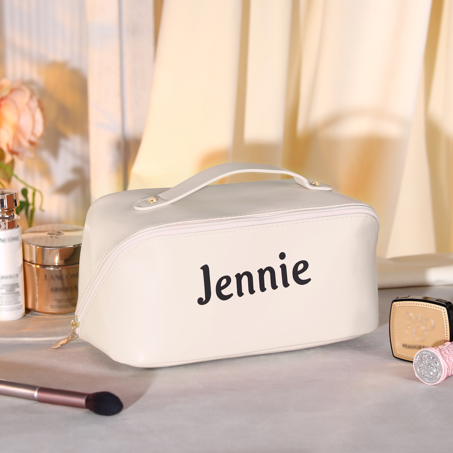 Personalisierter 1 Name PU-Leder-Kosmetiktasche – Individuelle Schminktasche in Weiß/ Rosa/ Lotusrosa Farben 