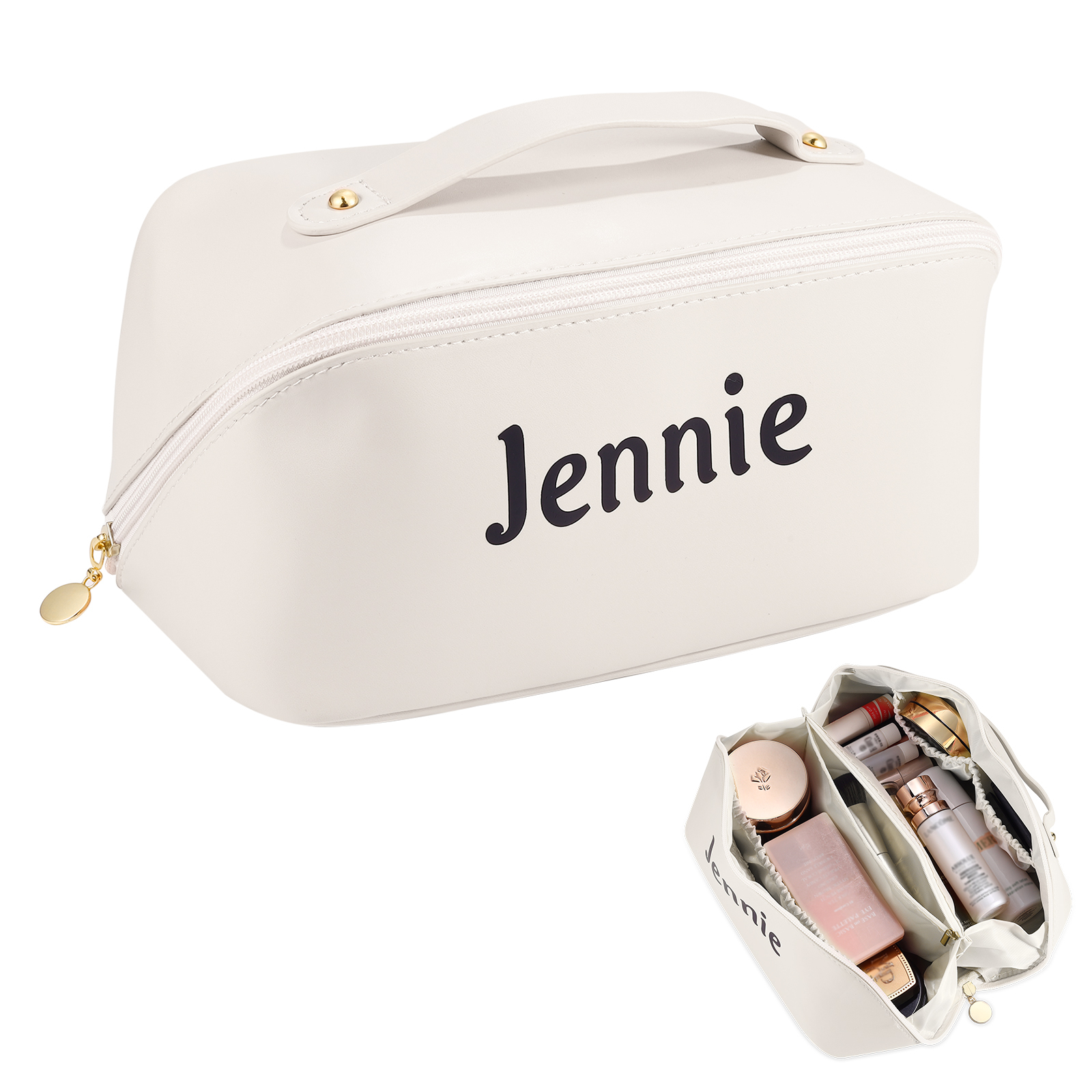 Personalisierter 1 Name PU-Leder-Kosmetiktasche – Individuelle Schminktasche in Weiß/ Rosa/ Lotusrosa Farben