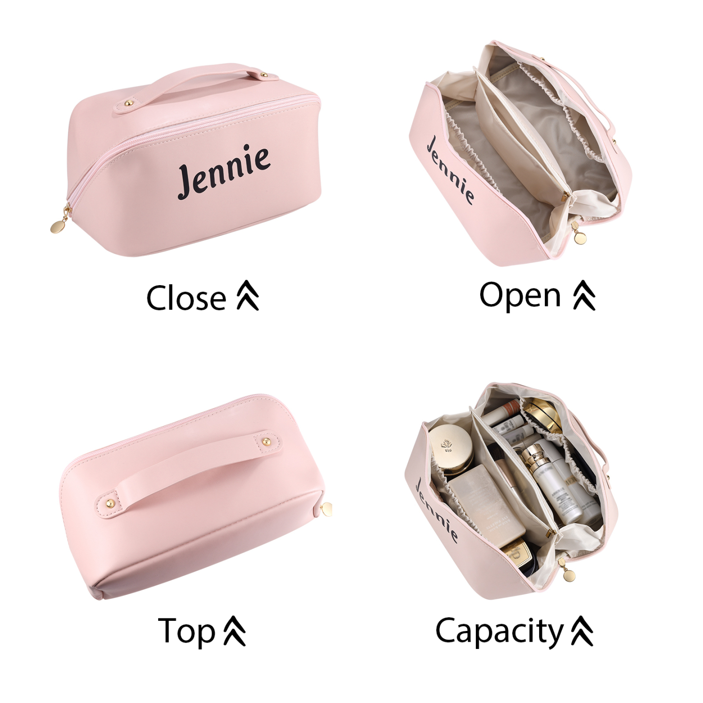 Personalisierter 1 Name PU-Leder-Kosmetiktasche – Individuelle Schminktasche in Weiß/ Rosa/ Lotusrosa Farben
