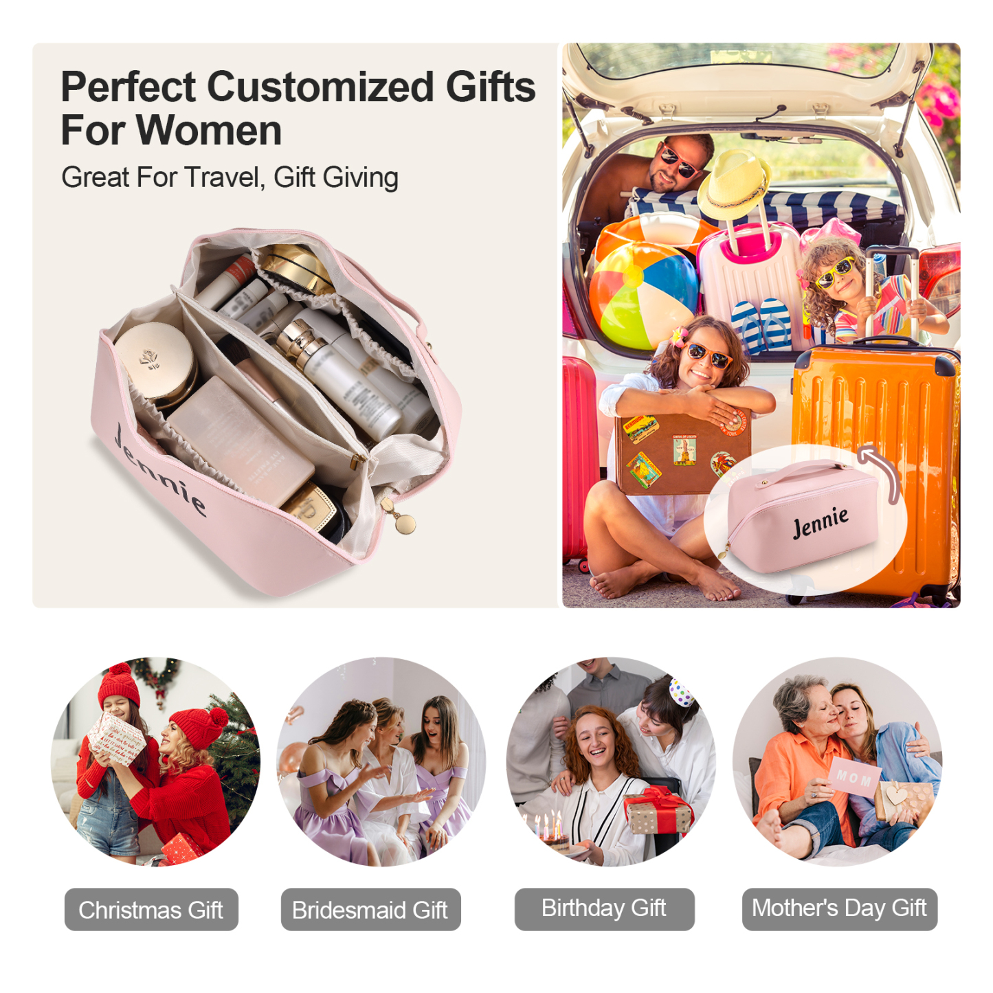Personalisierter 1 Name PU-Leder-Kosmetiktasche – Individuelle Schminktasche in Weiß/ Rosa/ Lotusrosa Farben