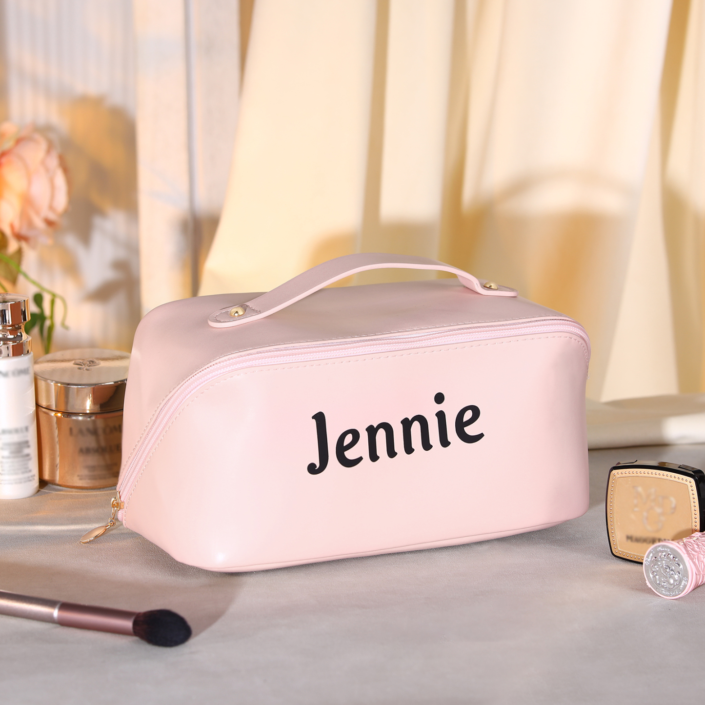 Personalisierter 1 Name PU-Leder-Kosmetiktasche – Individuelle Schminktasche in Weiß/ Rosa/ Lotusrosa Farben