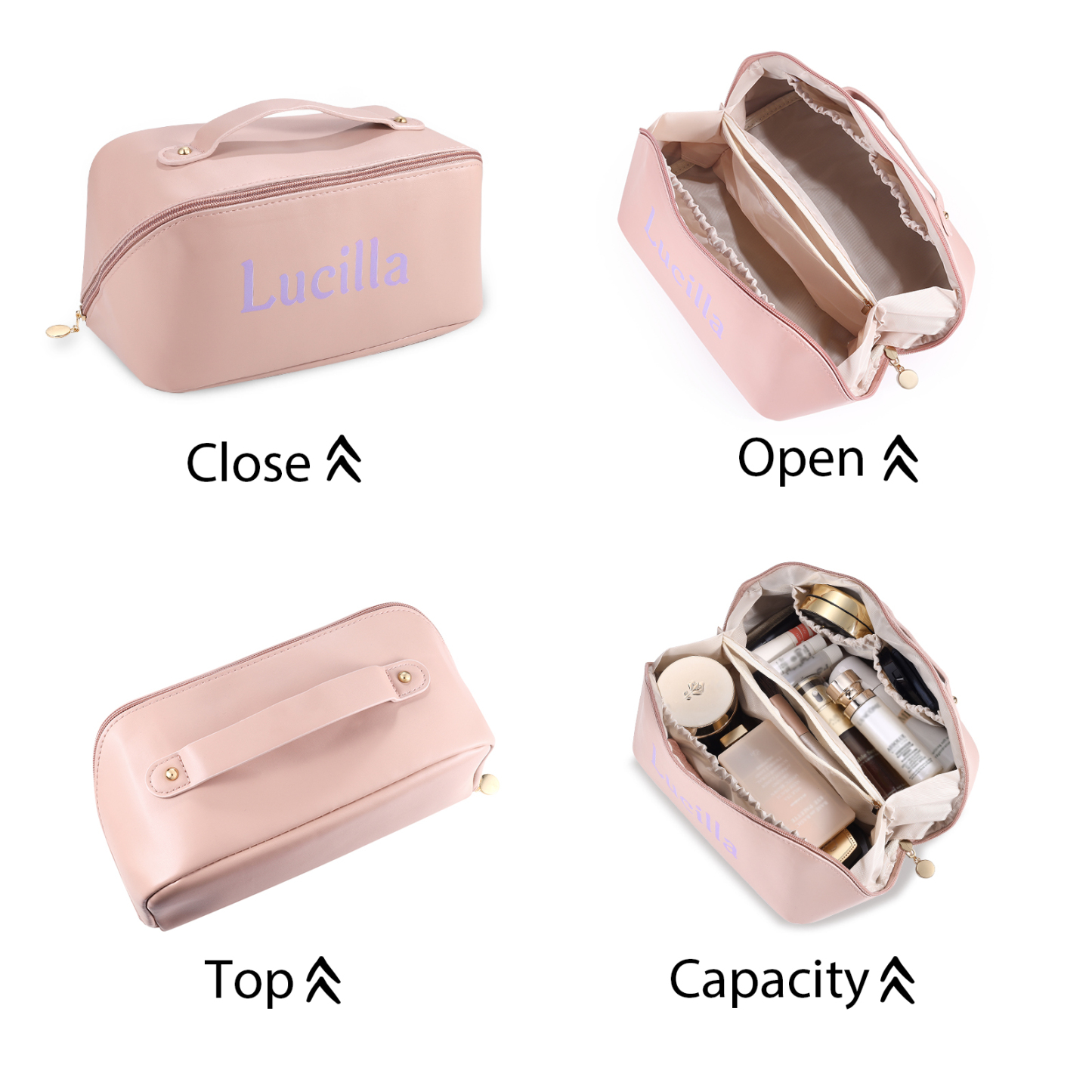 Personalisierter 1 Name PU-Leder-Kosmetiktasche – Individuelle Schminktasche in Weiß/ Rosa/ Lotusrosa Farben