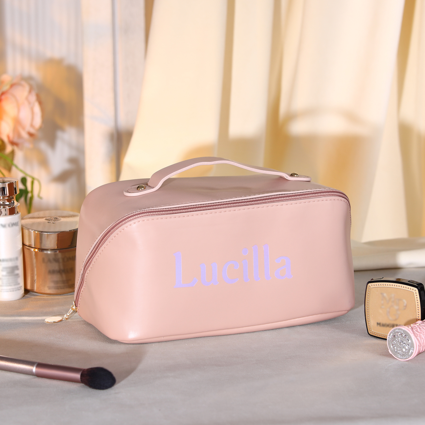 Personalisierter 1 Name PU-Leder-Kosmetiktasche – Individuelle Schminktasche in Weiß/ Rosa/ Lotusrosa Farben
