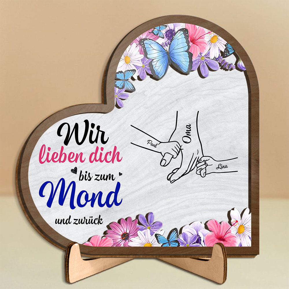 Personalisiertes Herz-Holzschild mit Namen und Händen – „Wir lieben dich bis zum Mond und zurück“ – Geschenk für Oma & Mama