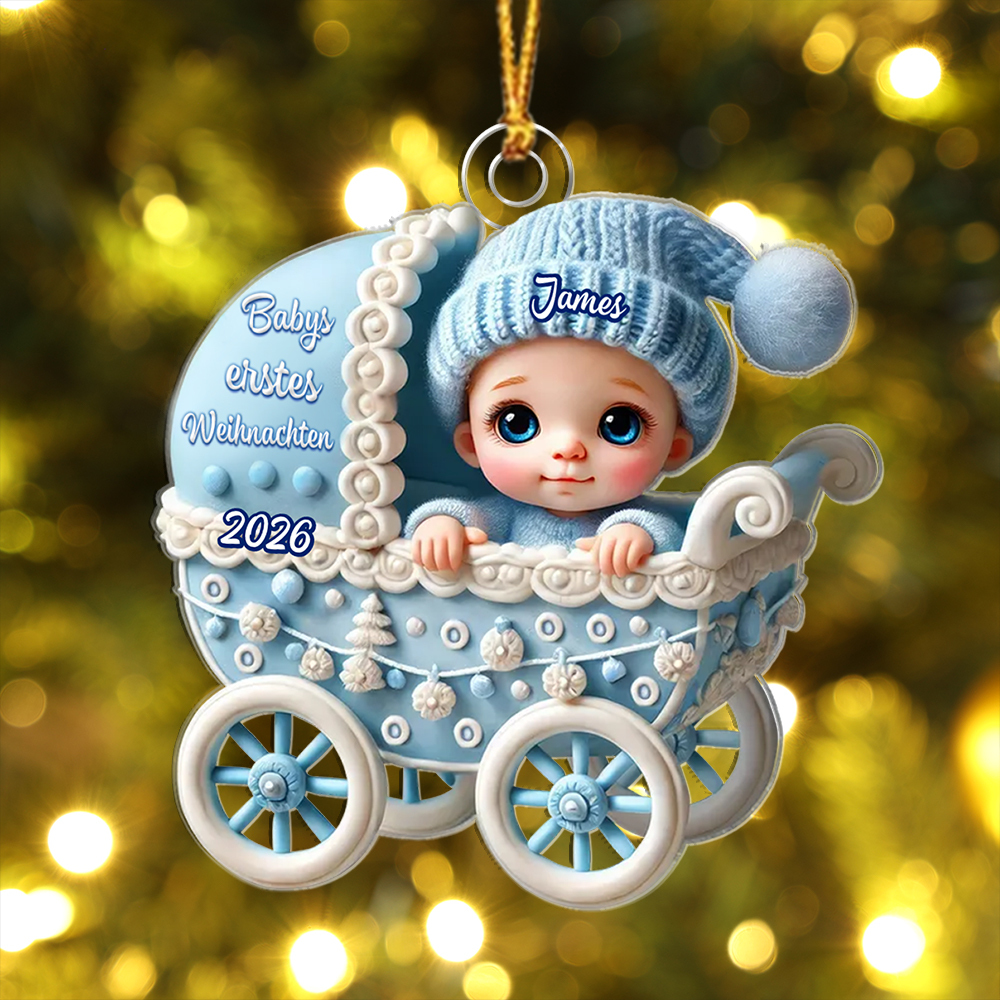 Personalisierte Weihnachtsanhänger in Form eines Kinderwagens für Babys erstes Weihnachten