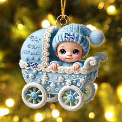 Personalisierte Weihnachtsanhänger in Form eines Kinderwagens für Babys erstes Weihnachten