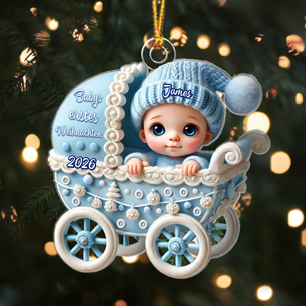 Personalisierte Weihnachtsanhänger in Form eines Kinderwagens für Babys erstes Weihnachten
