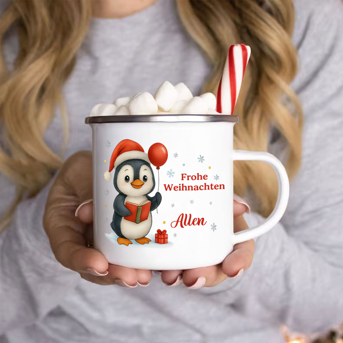 Personalisiert Weihnachts-Emailletasse, Tiermotiv — “Frohe Weihnachten”