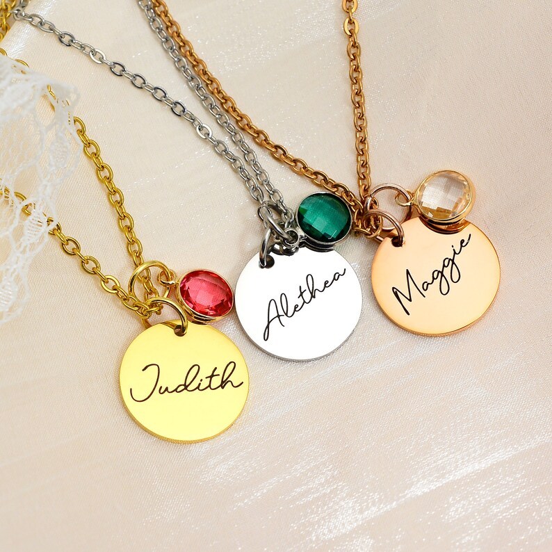 Individuelle Namenskette mit Geburtsstein-Rund Münze Halskette mit Geburtsstein