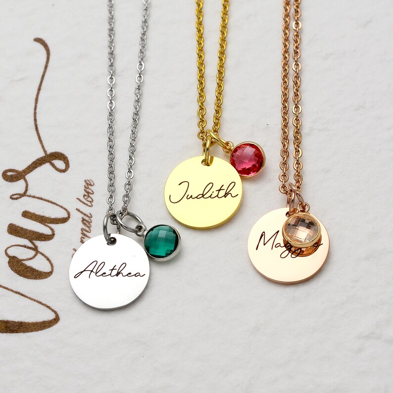 Individuelle Namenskette mit Geburtsstein-Rund Münze Halskette mit Geburtsstein