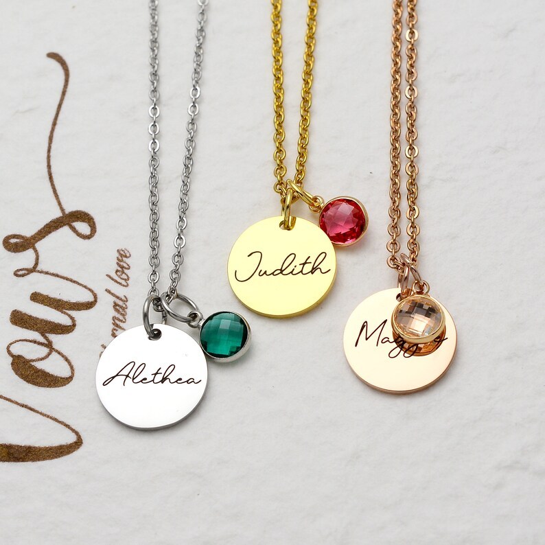 Individuelle Namenskette mit Geburtsstein-Rund Münze Halskette mit Geburtsstein