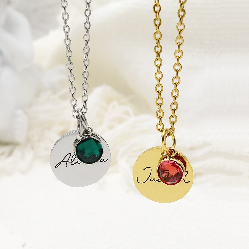 Individuelle Namenskette mit Geburtsstein-Rund Münze Halskette mit Geburtsstein