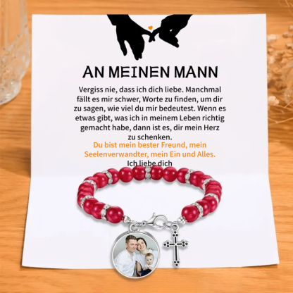 Personalisiertes Foto Armband mit Geschenkkarte - An meinen Mann - Schwarz/ Rot/ Weiß/ Lila Perle Armband mit Kreuzanhänger