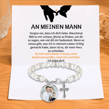 Personalisiertes Foto Armband mit Geschenkkarte - An meinen Mann - Schwarz/ Rot/ Weiß/ Lila Perle Armband mit Kreuzanhänger