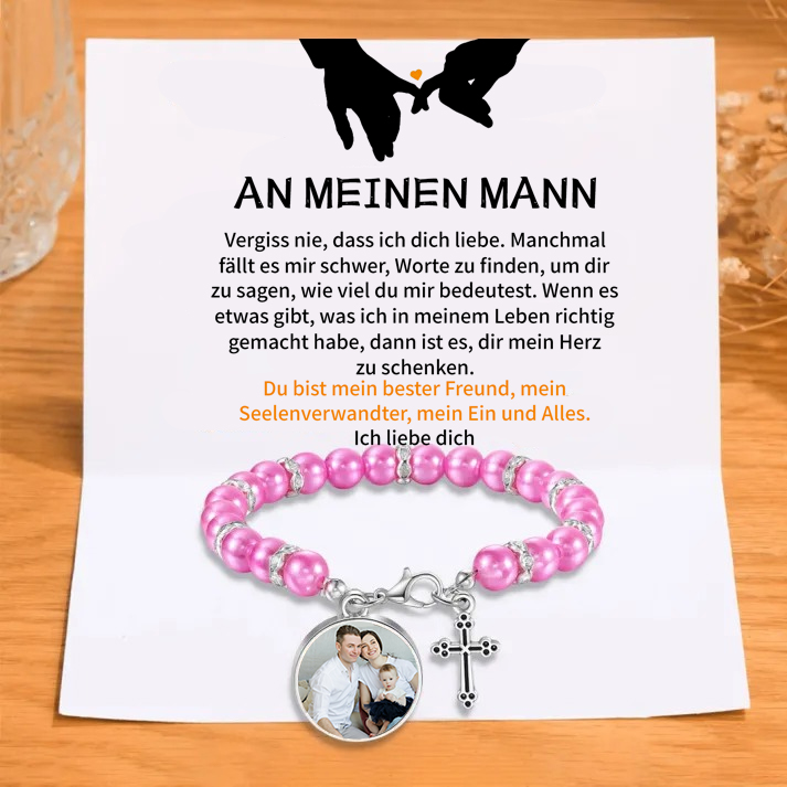 Personalisiertes Foto Armband mit Geschenkkarte - An meinen Mann - Schwarz/ Rot/ Weiß/ Lila Perle Armband mit Kreuzanhänger