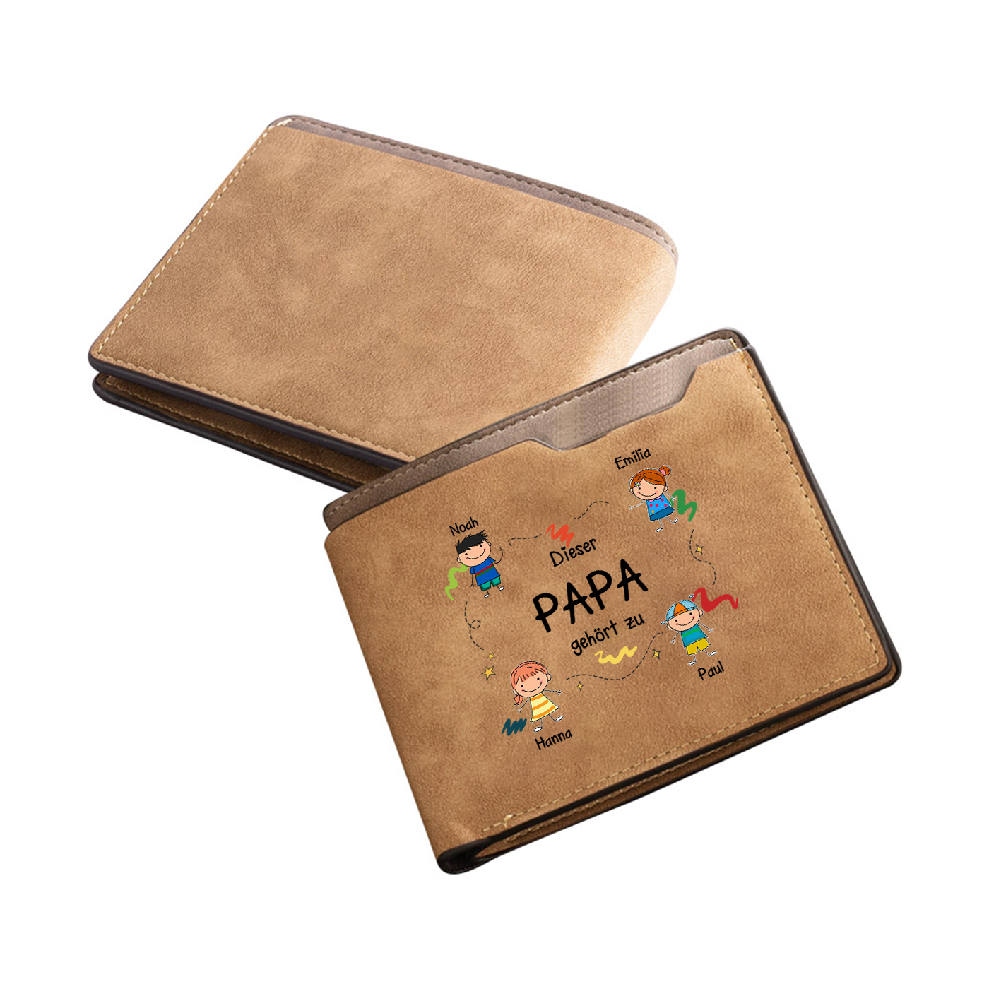 Personalisierte Lederbrieftasche mit Namen und Zeichnungen für Opa oder Papa