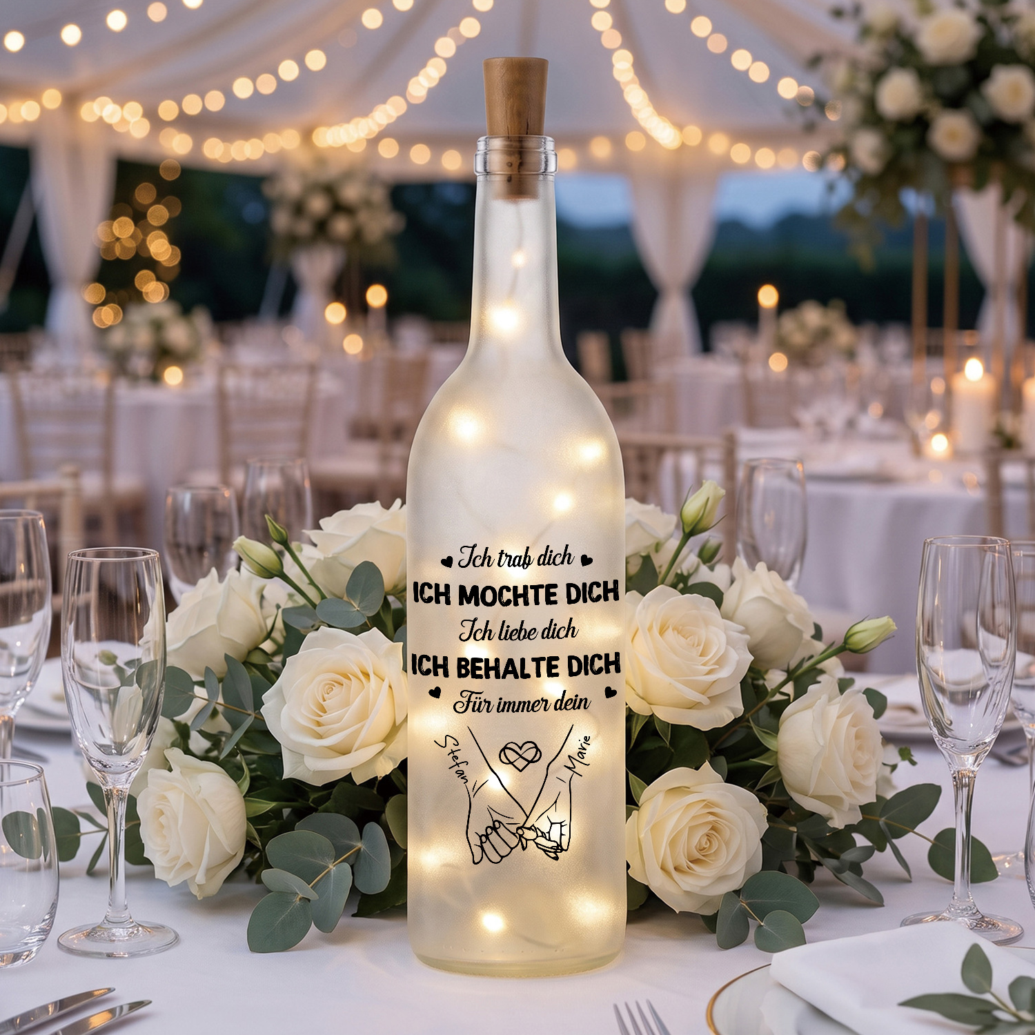 Personalisierte LED-Flaschenlampe mit zwei Namen und Wunschdatum Geschenk für Partner