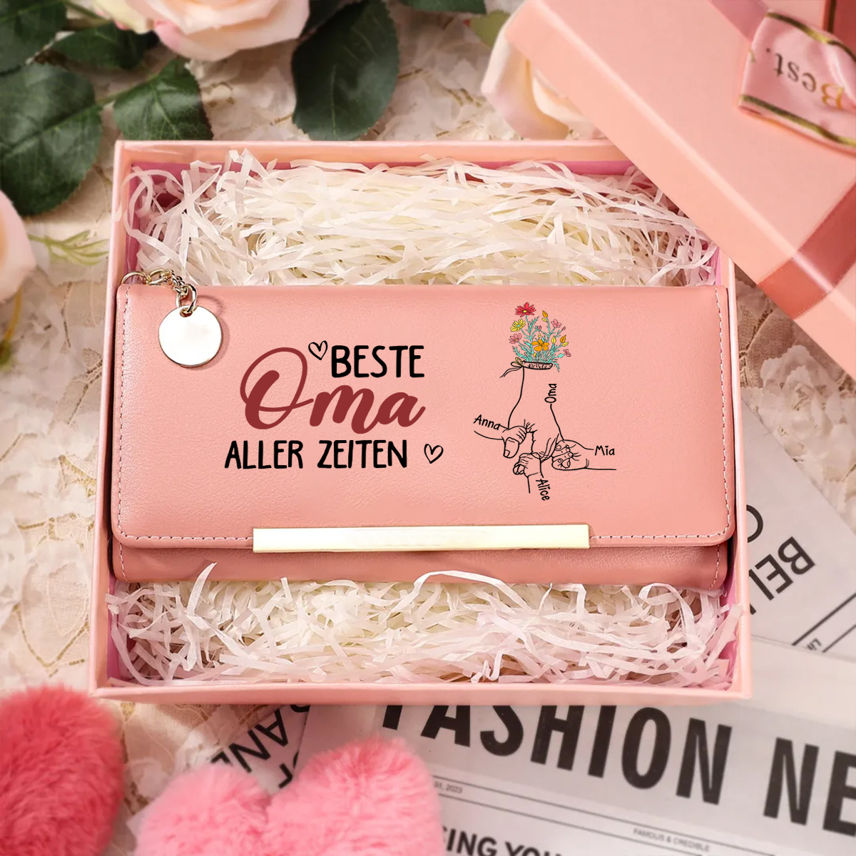 Personalisierte Damen-Geldbörse mit floralem Hand-in-Hand-Motiv – Beste Mama/Oma aller Zeiten