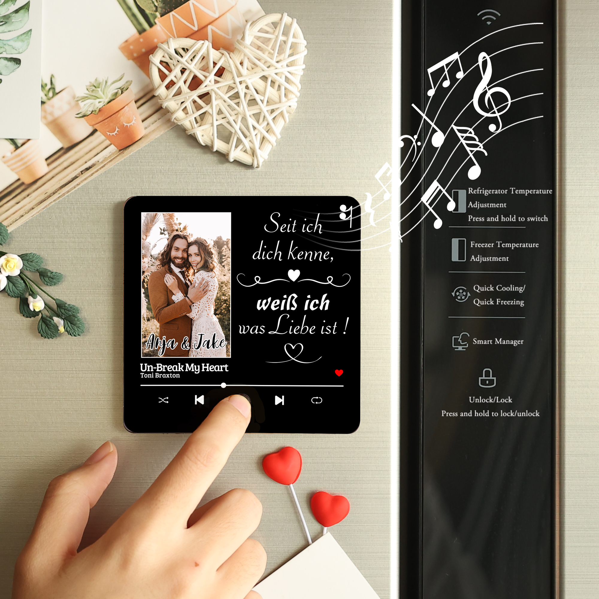 Personalisiertes Foto & Lied & 2 Namen Acryl Holz Kühlschrankmagnet mit Musikfunktion Seit ich dich kenne, weiß ich was Liebe ist Geschenk für Paar