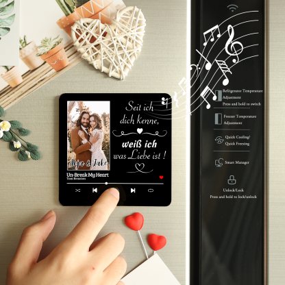Personalisiertes Foto & Lied & 2 Namen Acryl Holz Kühlschrankmagnet mit Musikfunktion Seit ich dich kenne, weiß ich was Liebe ist Geschenk für Paar