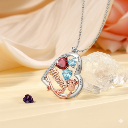 Personalisierte Rosen-Halskette mit Herz und Geburtsstein für Mama