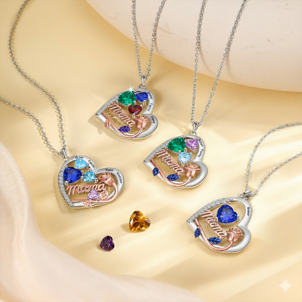 Personalisierte Rosen-Halskette mit Herz und Geburtsstein für Mama