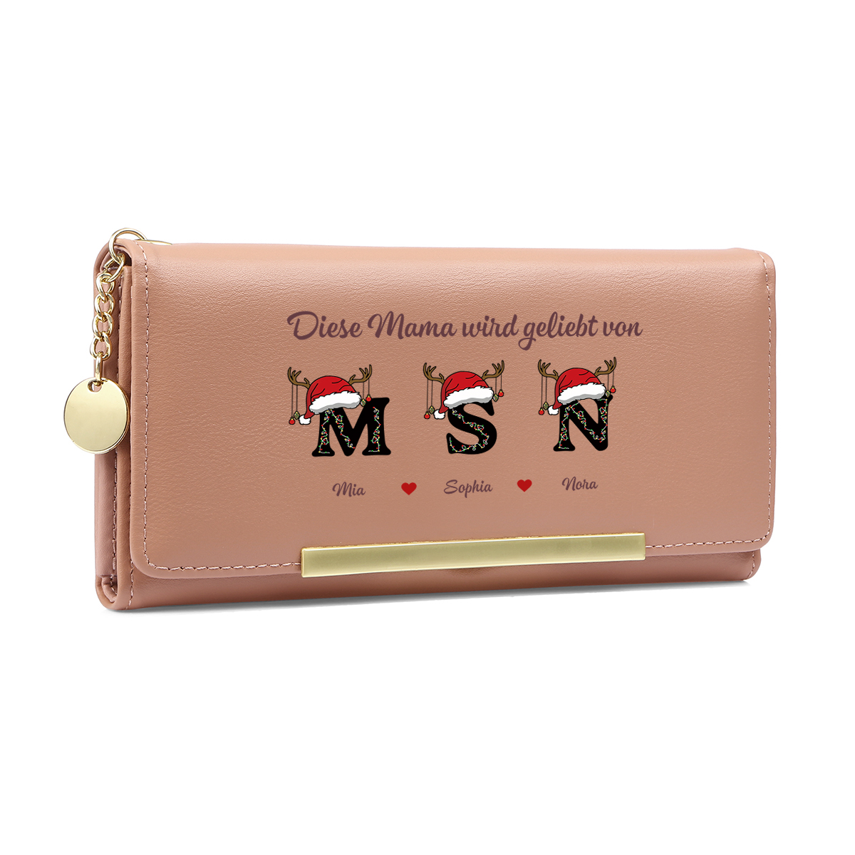 Personalisiert Rosa Damengeldbörse mit Großbuchstaben und Weihnachtsmannmütze – das beste Geschenk für Mama