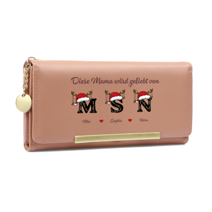 Personalisiert Rosa Damengeldbörse mit Großbuchstaben und Weihnachtsmannmütze – das beste Geschenk für Mama