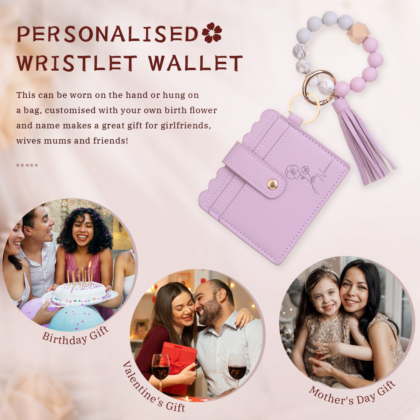 Personalisierte Leder- Kartenetui mit Name & Geburtsblume und Perlen-Handschlaufe, individuelles Geschenk für Frauen