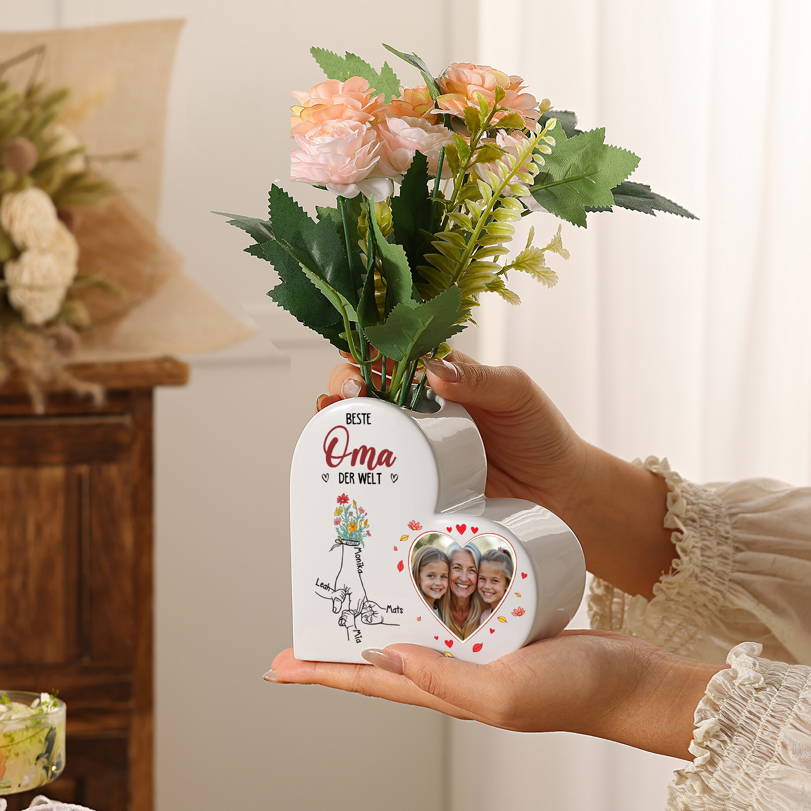 Personalisierte Keramikvase in Herzform mit 1 bis 6 Namen und Foto Geschenk für Mama oder Oma