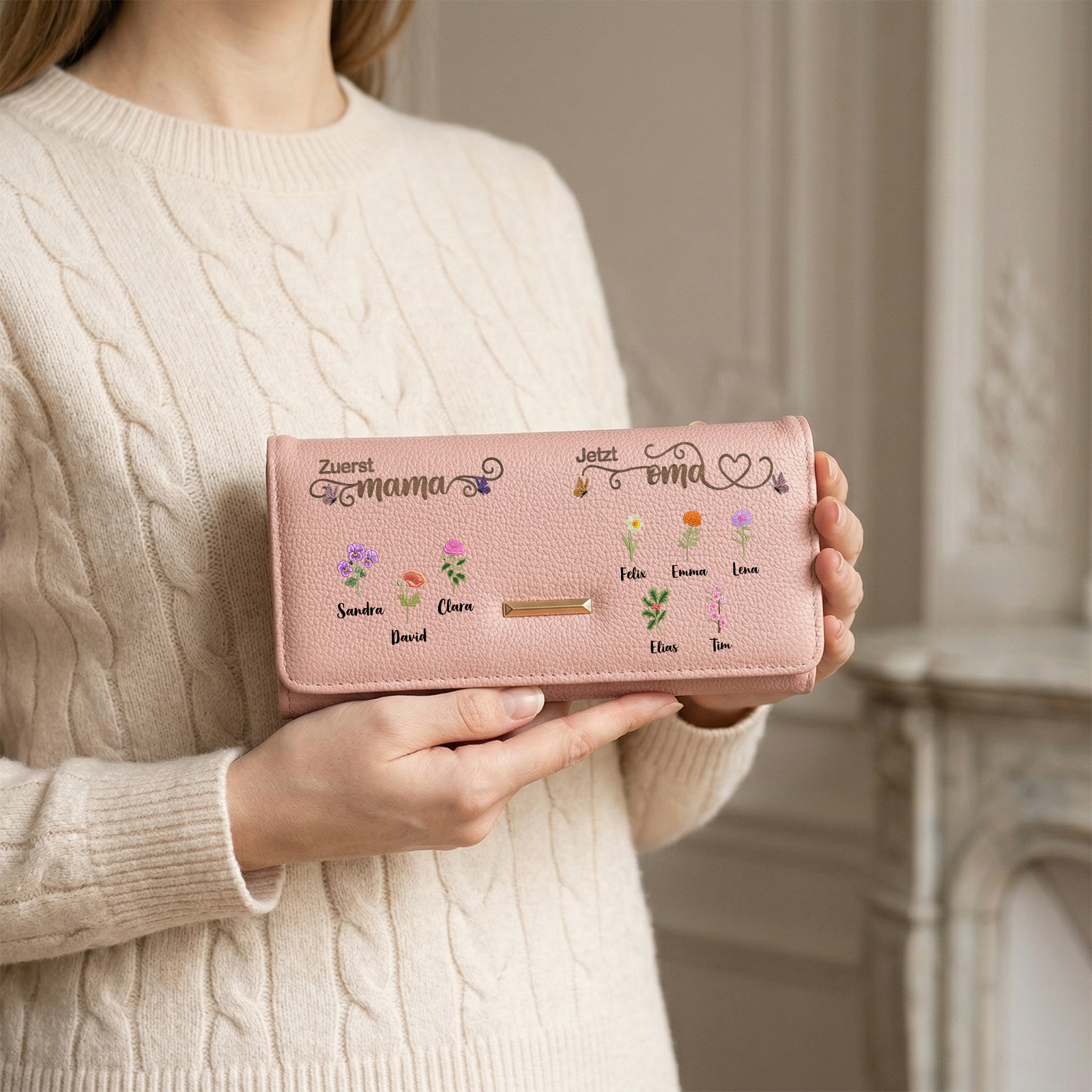 Personalisierte Damen Geldbörse mit bis zu 12 Namen und Geburtsblumen Geschenk für Mama oder Oma