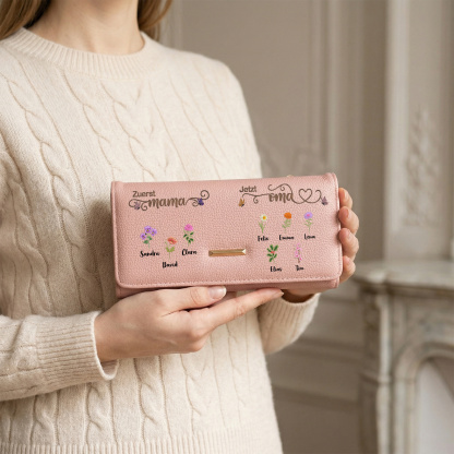 Personalisierte Damen Geldbörse mit bis zu 12 Namen und Geburtsblumen Geschenk für Mama oder Oma