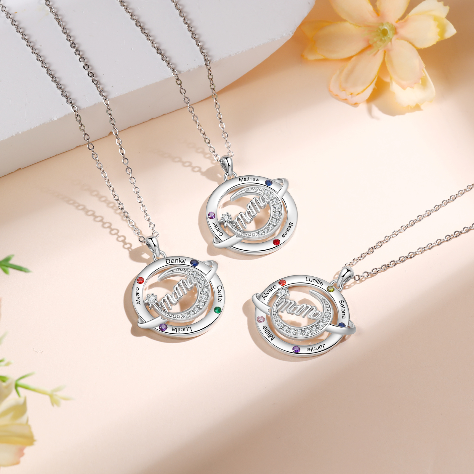 Personalisierte Mama-Halskette mit Namen & Geburtssteinen – Schmuck mit Mondmotiv