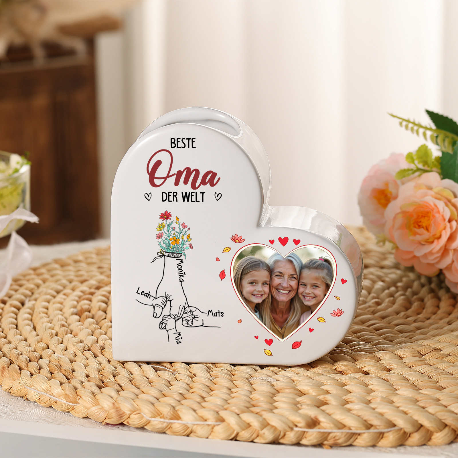Personalisierte Keramikvase in Herzform mit 1 bis 6 Namen und Foto Geschenk für Mama oder Oma