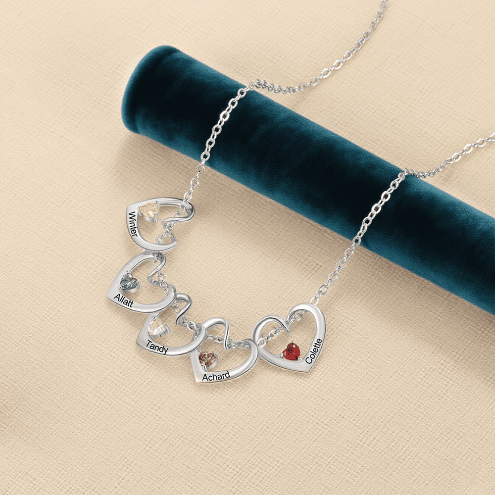 Personalisierte herzförmige Halskette mit 1–5 Namen und Geburtssteinen