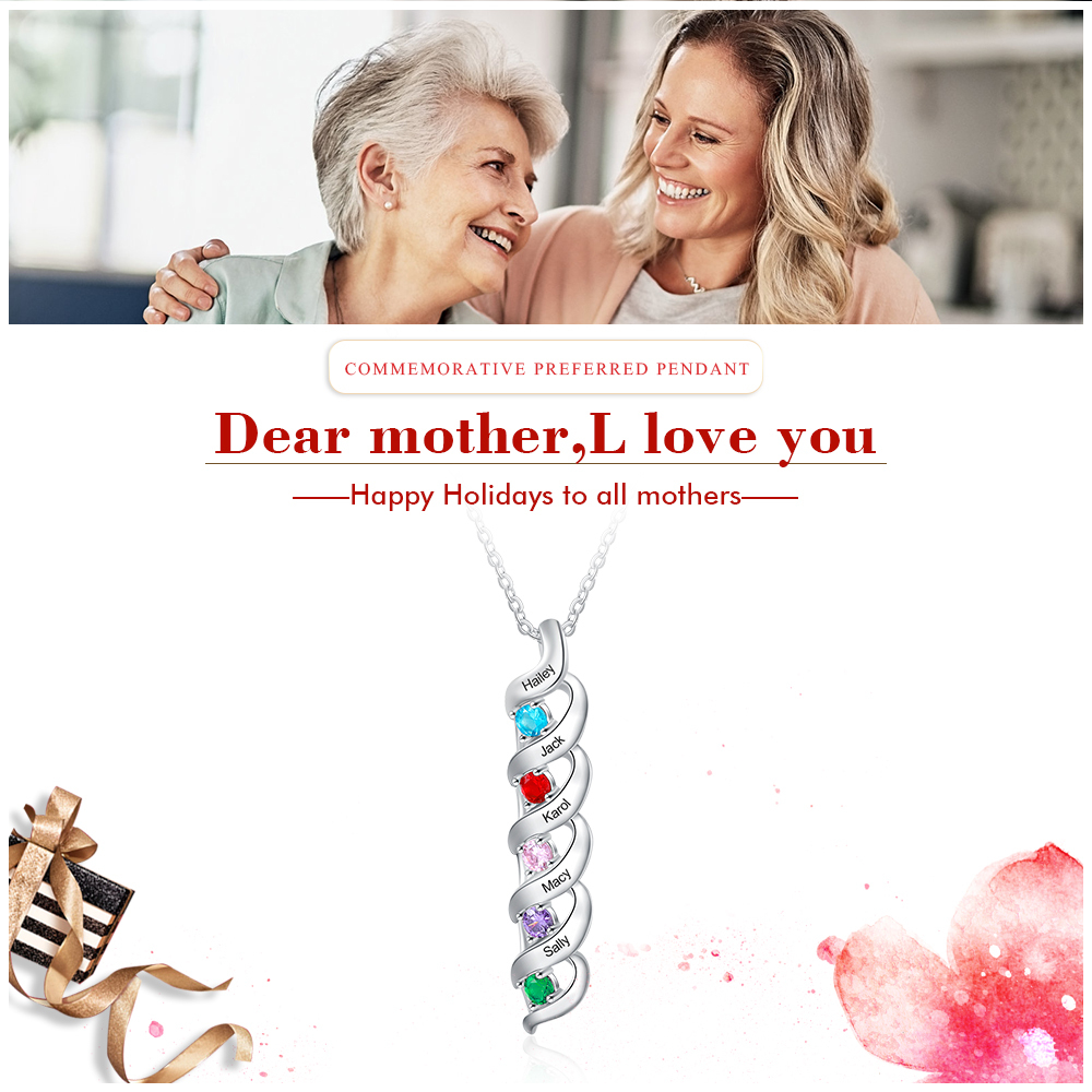 Personalisierter 5 Namen & 5 Geburtssteinen Silbernes Herz-Anhänger-Armband & Herz Halskette Geschenkbox-Set