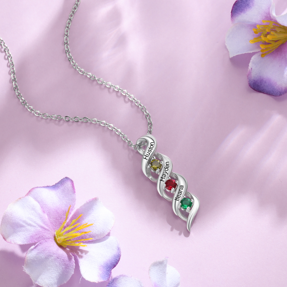 Personalisierter 3 Namen & 3 Geburtssteinen Silbernes Herz-Anhänger-Armband & Herz Halskette Geschenkbox-Set