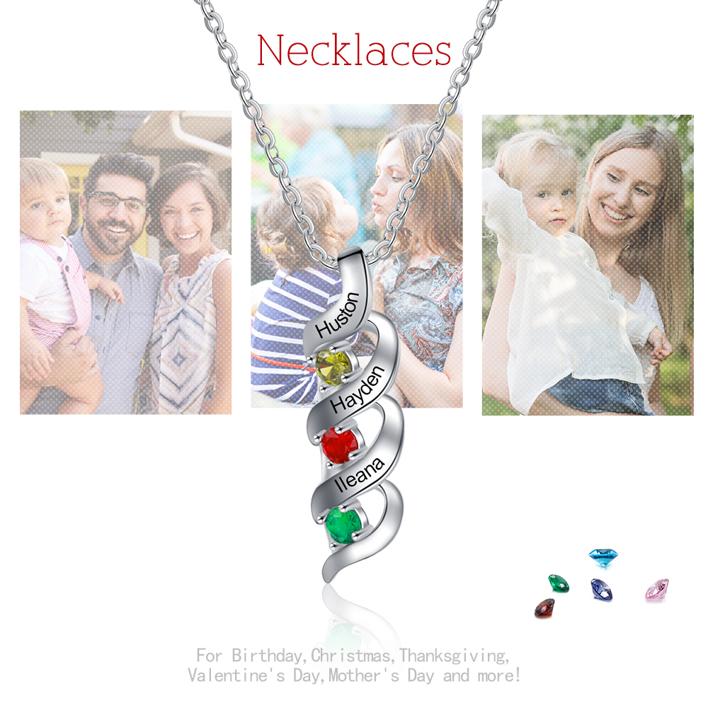 Personalisierter 3 Namen & 3 Geburtssteinen Silbernes Herz-Anhänger-Armband & Herz Halskette Geschenkbox-Set
