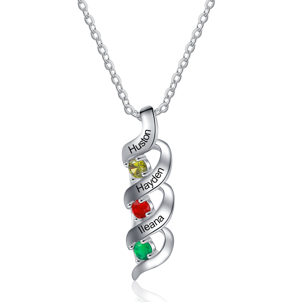 Personalisierter 3 Namen & 3 Geburtssteinen Silbernes Herz-Anhänger-Armband & Herz Halskette Geschenkbox-Set