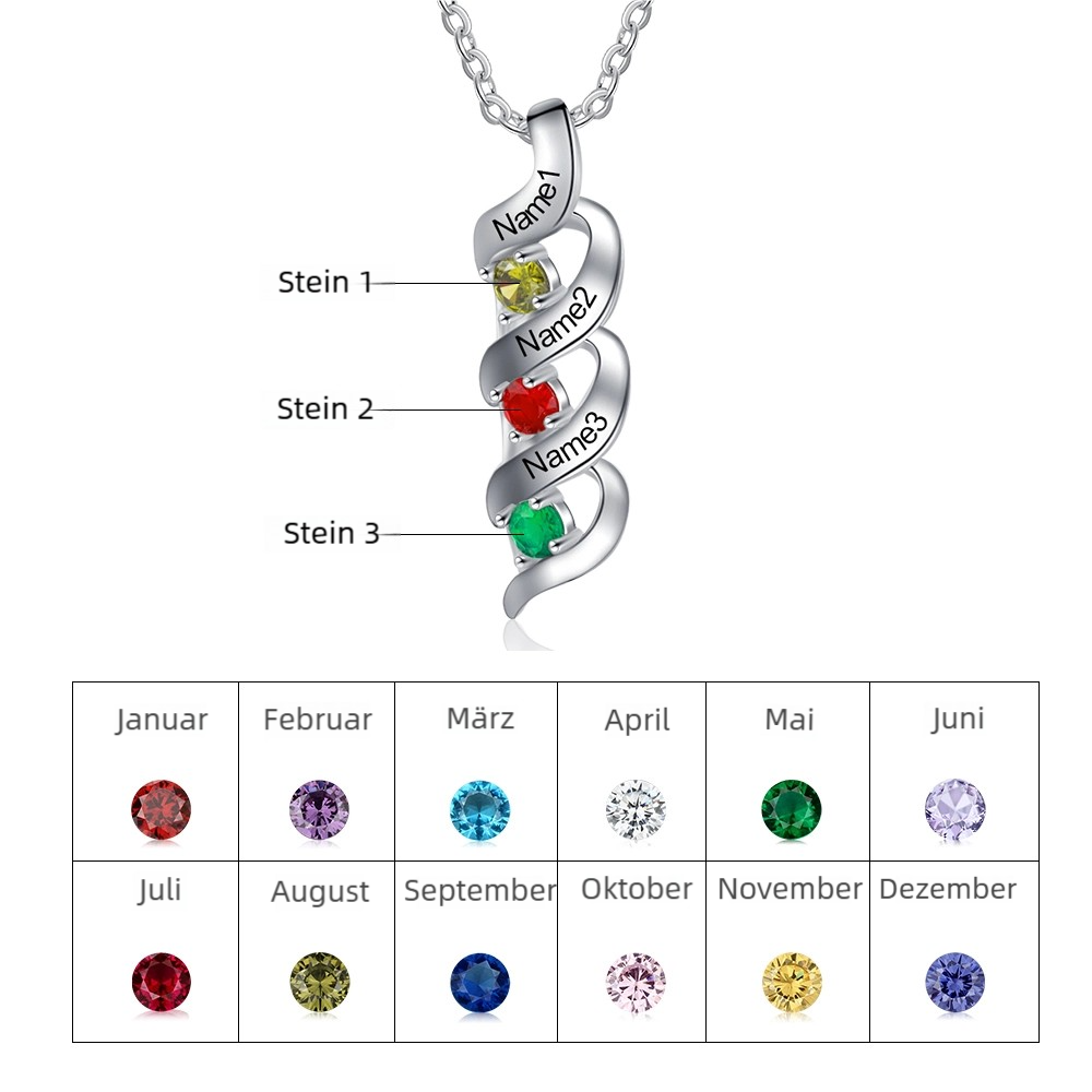 925 Sterling Silber Personalisierte DNA-Halskette mit 2–10 Namen und Geburtssteinen