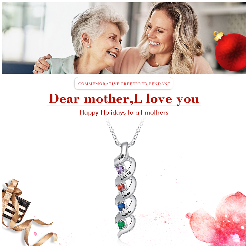 Personalisierter 4 Namen & 4 Geburtssteinen Silbernes Herz-Anhänger-Armband & Herz Halskette Geschenkbox-Set
