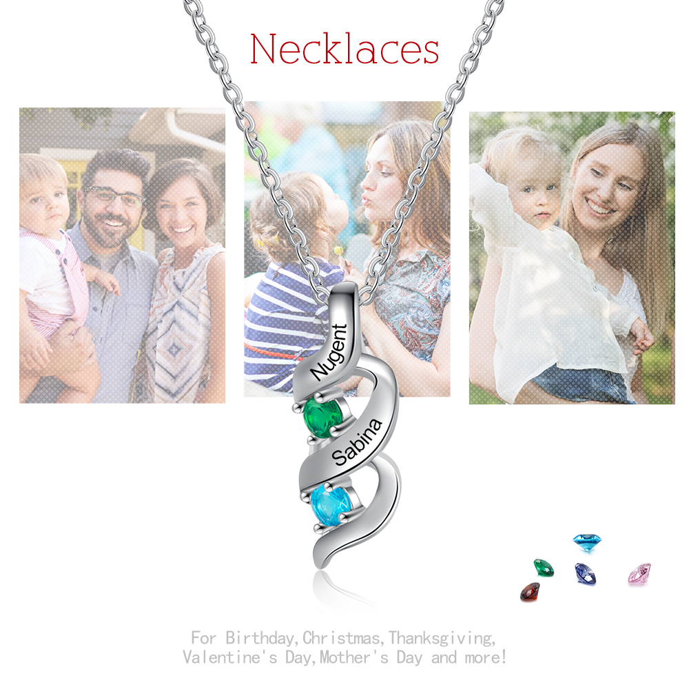 Personalisierter 2 Namen & 2 Geburtssteinen Silbernes Herz-Anhänger-Armband & Herz Halskette Geschenkset