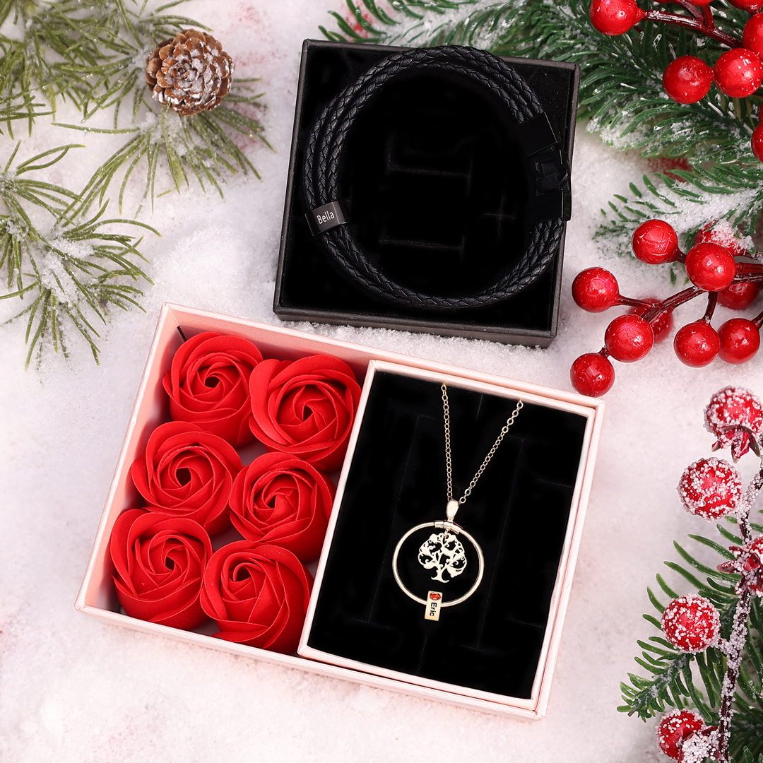 Personalisierter 1 Name Stammbaum-Namenskette mit 1 Geburtssteinen & 1 Name Herren Armband Geschenkbox-Set
