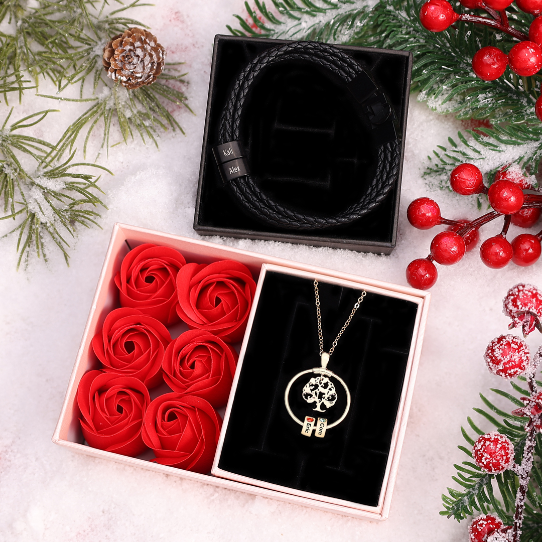 Personalisierte 2 Namen Stammbaum-Namenskette mit 2 Geburtssteinen & 2 Namen Herren Armband Geschenkbox-Set