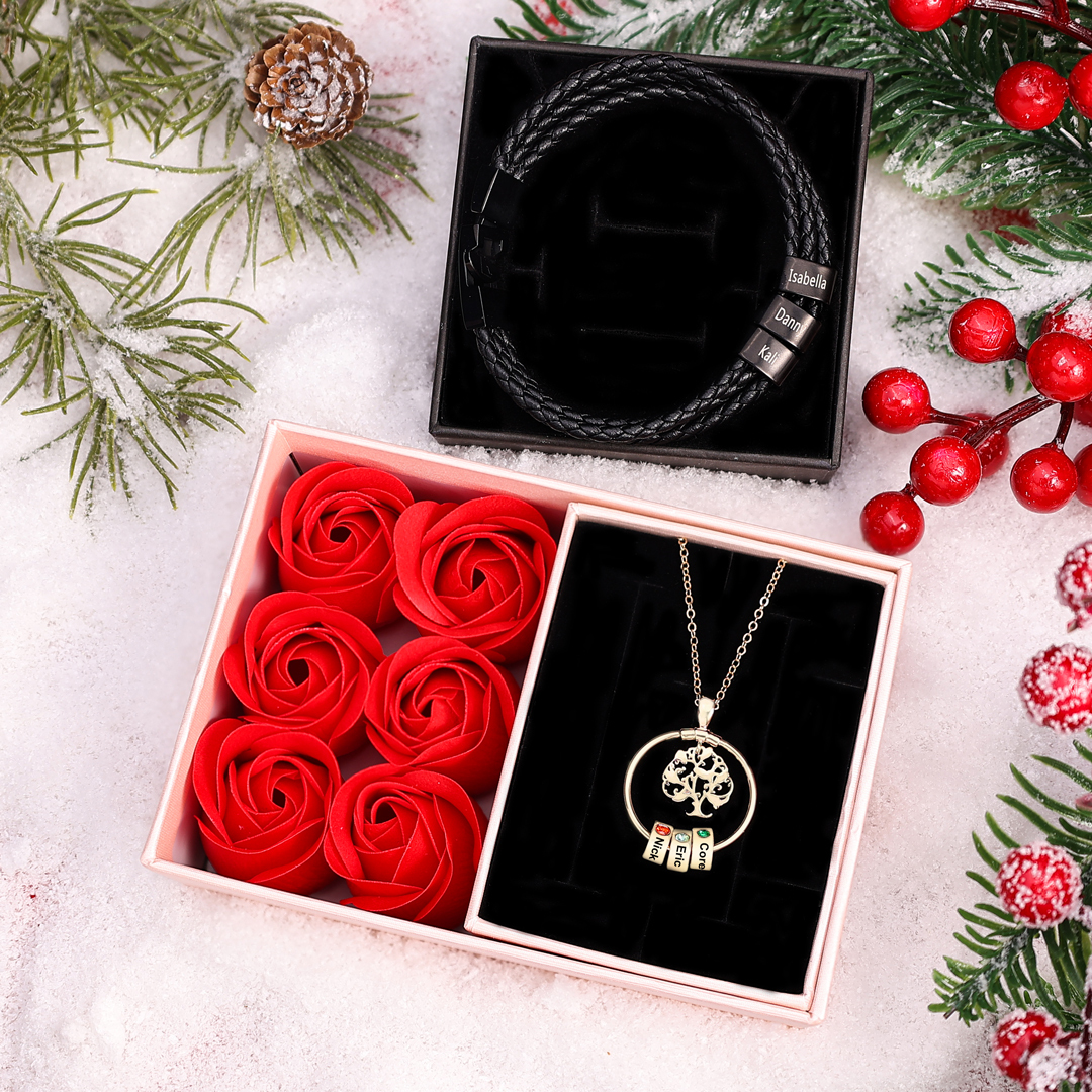 Personalisierte 3 Namen Stammbaum-Namenskette mit 3 Geburtssteinen & 3 Namen Herren Armband Geschenkbox-Set