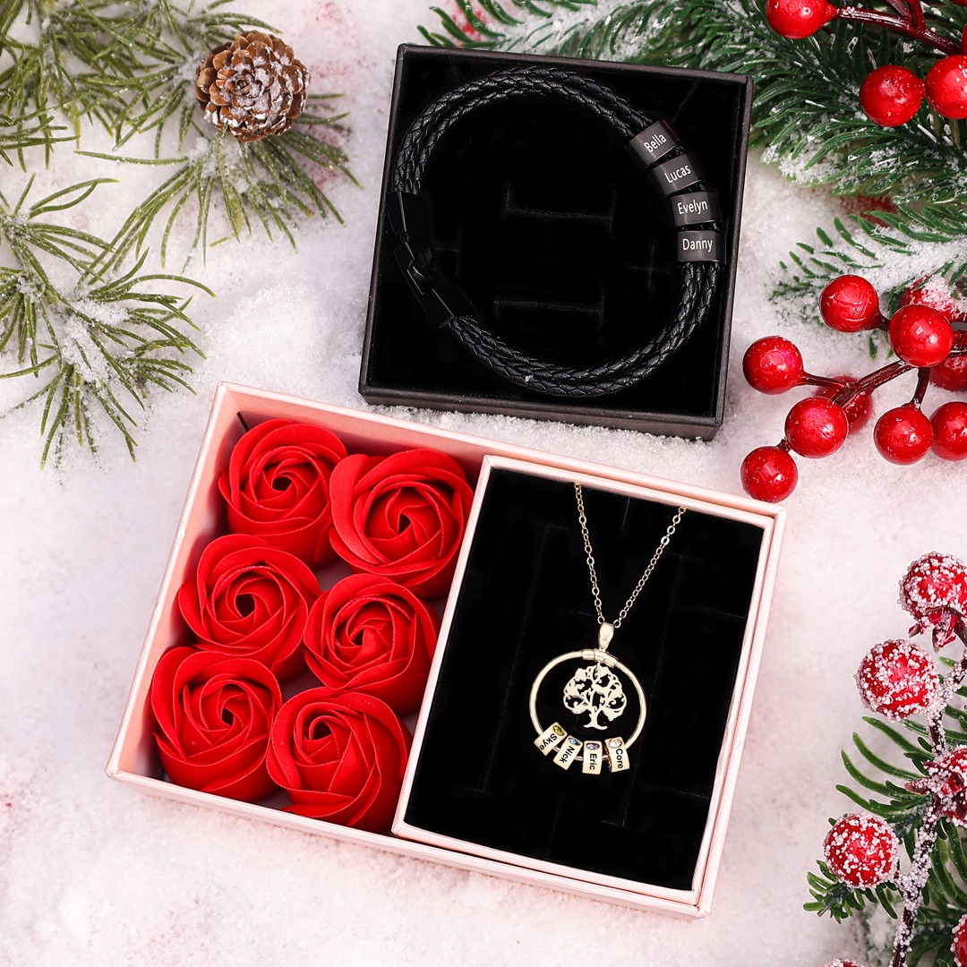 Personalisierte 4 Namen Stammbaum-Namenskette mit 4 Geburtssteinen & 4 Namen Herren Armband Geschenkbox-Set