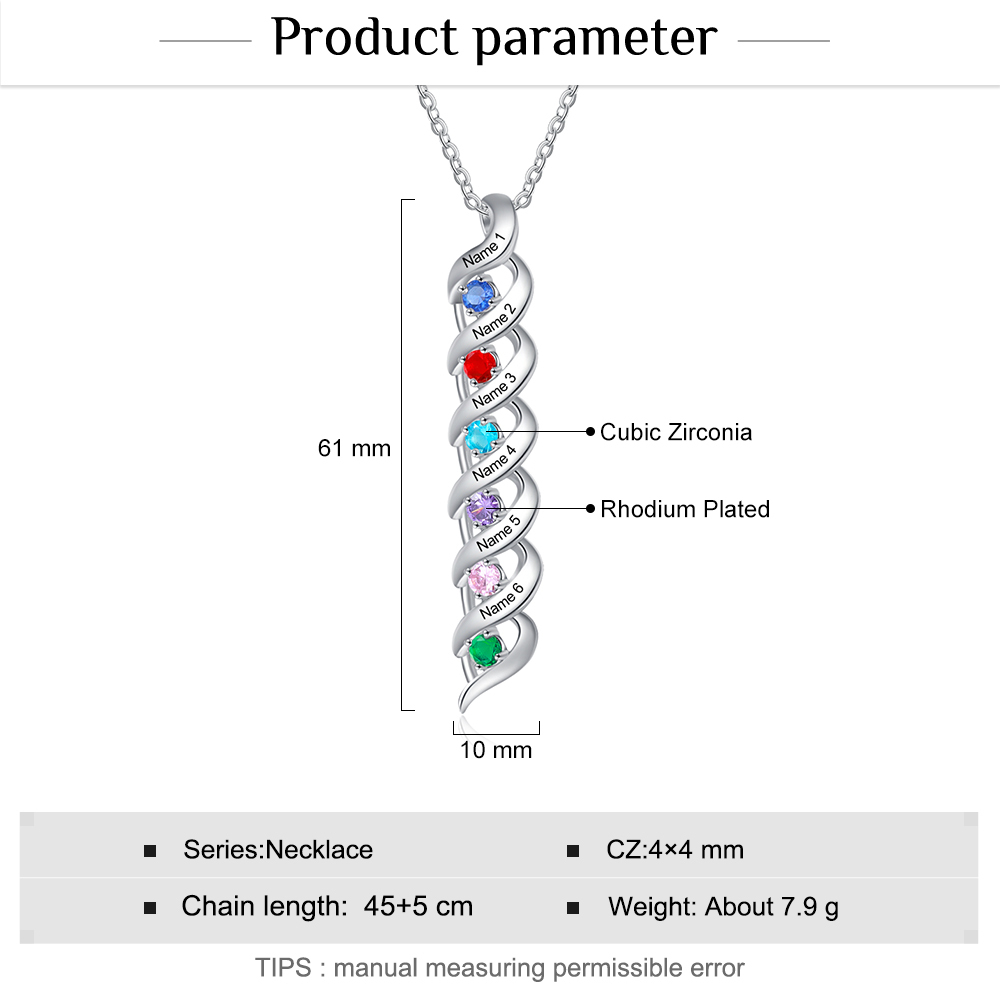 Personalisierter 6 Namen & 6 Geburtssteinen Silbernes Herz-Anhänger-Armband & Herz Halskette Geschenkbox-Set