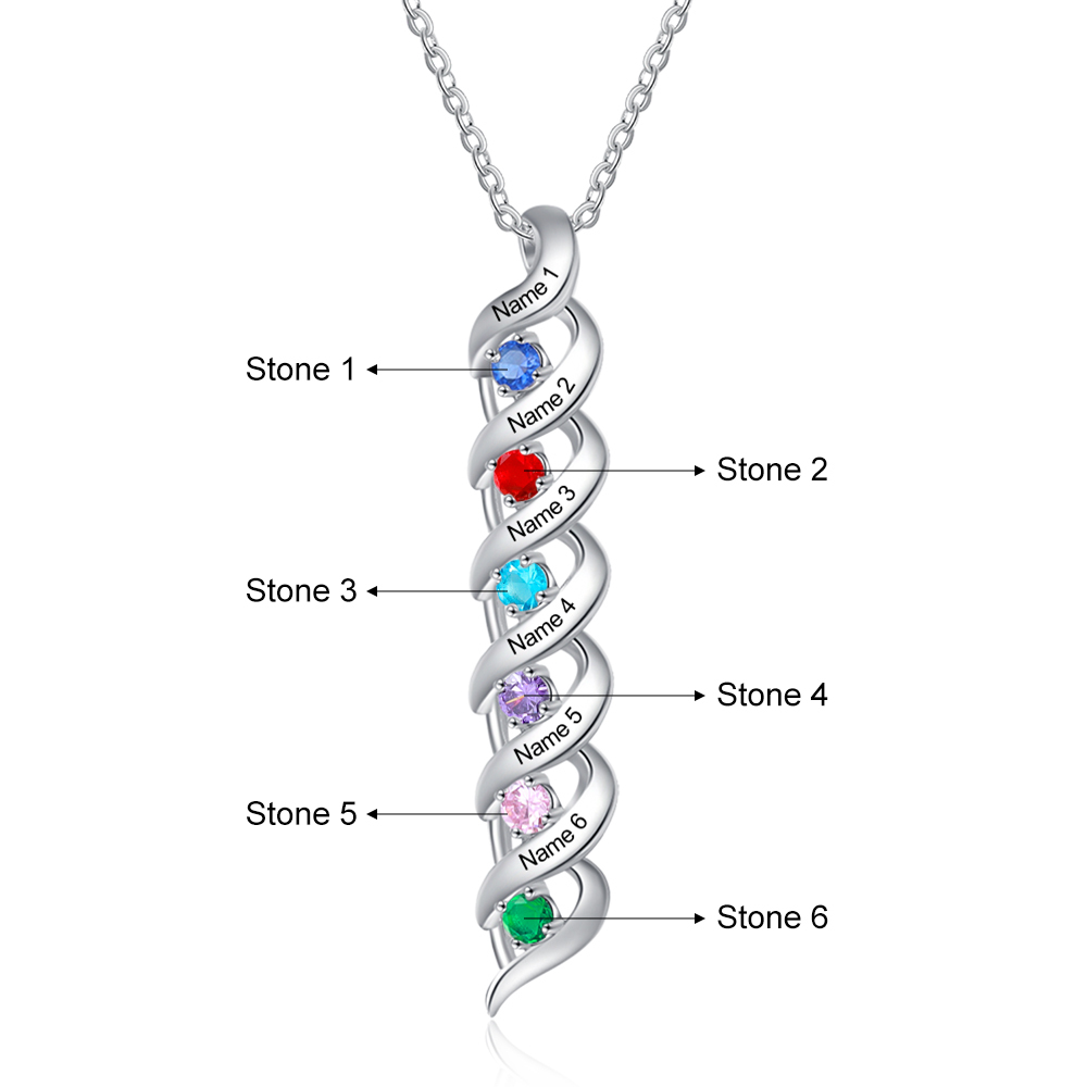 Personalisierter 6 Namen & 6 Geburtssteinen Silbernes Herz-Anhänger-Armband & Herz Halskette Geschenkbox-Set
