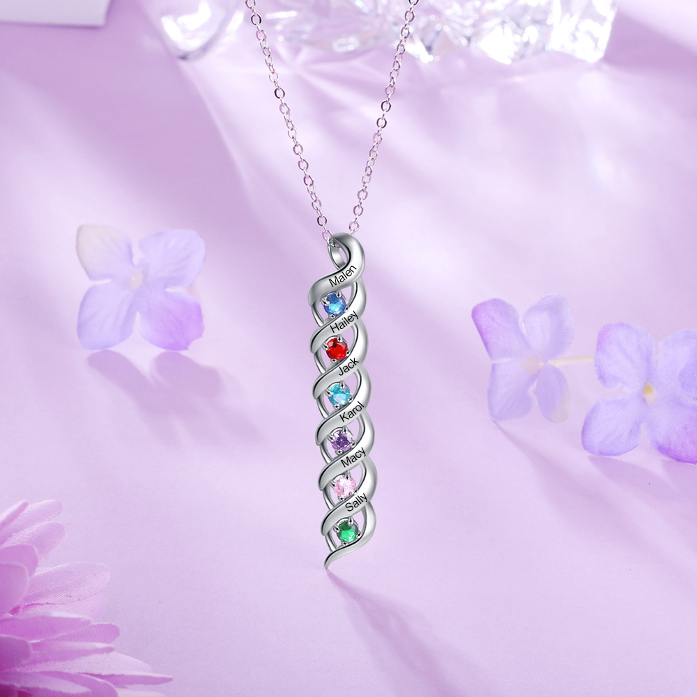 Personalisierter 6 Namen & 6 Geburtssteinen Silbernes Herz-Anhänger-Armband & Herz Halskette Geschenkbox-Set