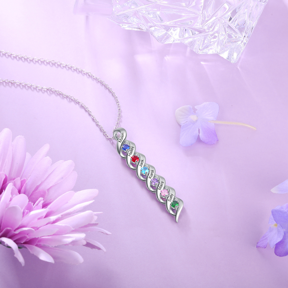 Personalisierter 6 Namen & 6 Geburtssteinen Silbernes Herz-Anhänger-Armband & Herz Halskette Geschenkbox-Set